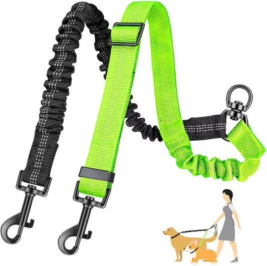 16Ft Long Dual Dog Leash Attachment - Double Leashes for Training Small to Large Dogs - Adjustable Strap, Shock Absorbing Bungee